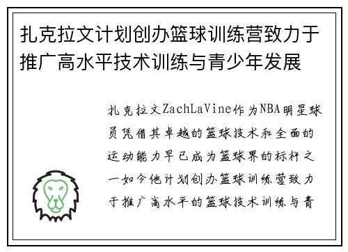 扎克拉文计划创办篮球训练营致力于推广高水平技术训练与青少年发展